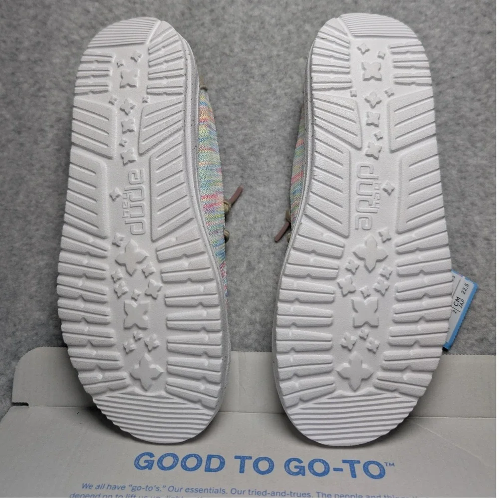 Hey Dude Wendy Youth Size 3 Stretch Aurora White Rainbow Striped Slip On Shoes